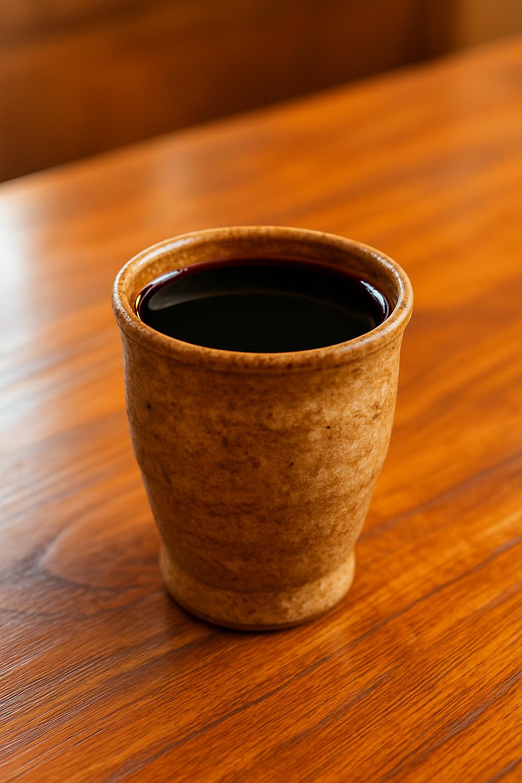 A ceramic cup made of clay is the material, glazed to brown. (cup) (bean caliente) (mat tan, azote manchado) (only do mult...