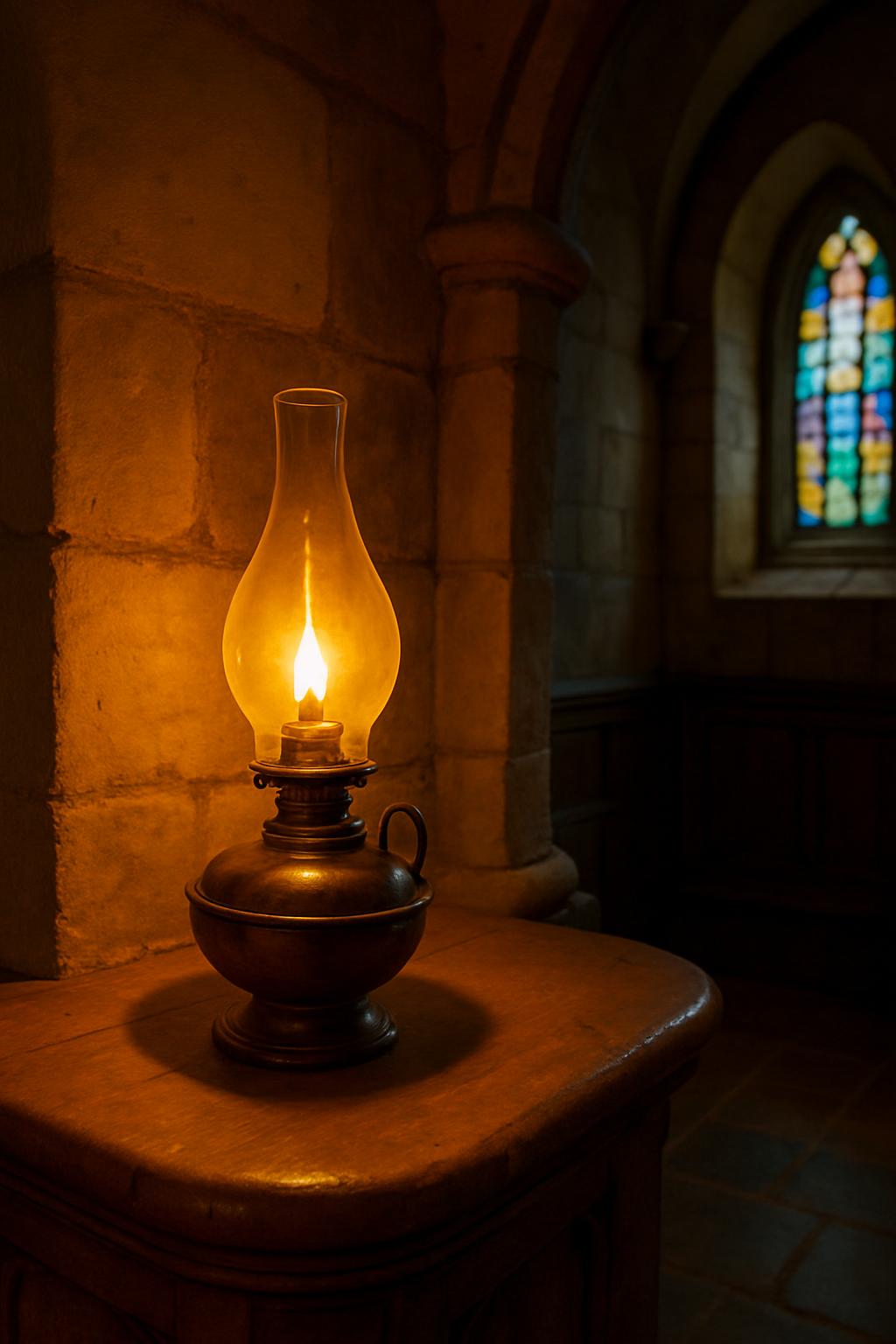 A vintage-looking kerosene lamp is lit on a stone ledge beside a stained glass window inside an old building.